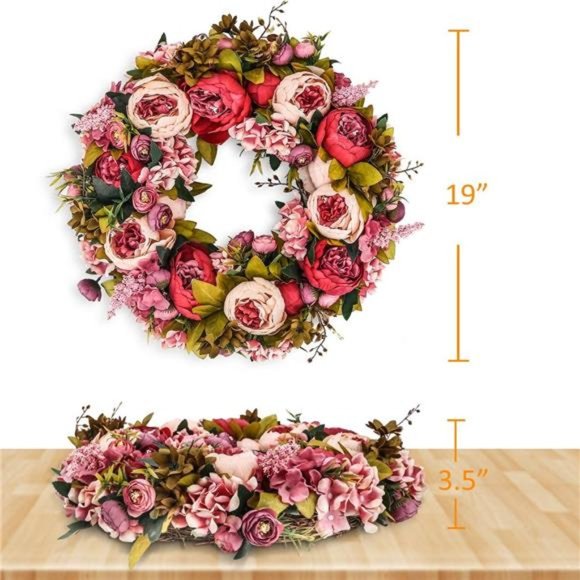 Artificial Peony Flower Wreath 19Inch Vintage Blooming SilkPeonies Spring Summer - Picture 7 of 8